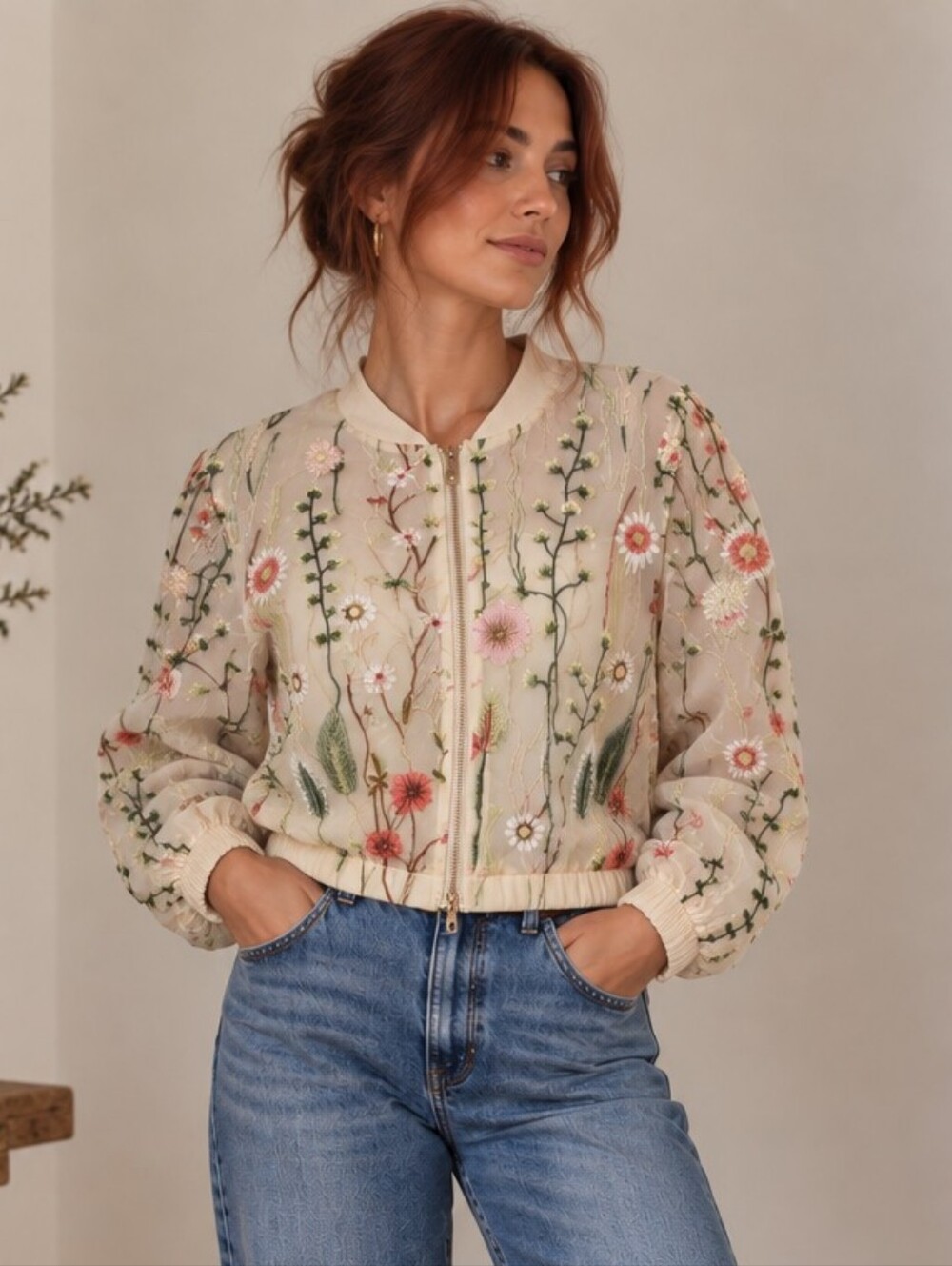 Sheer Floral Embroidered Bomber Jacket Fairycore Romantic Cottagecore Soft Girl